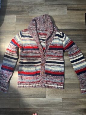 Vintage Left Bank Sweater-bordeaux Button Front Sweater - Red, Navy & Cream